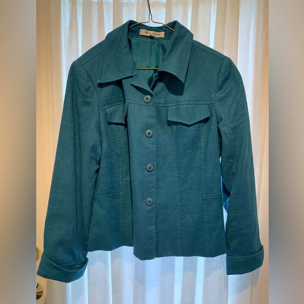 Harve Benard Teal linen short jacket blazer taper in back with pockets